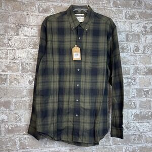 NorthCrest Shirt Mens Medium Green Navy Plaid Button Down Long Sleeve Cotton